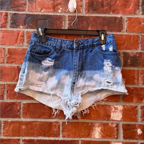 BDG Womens 28 High Rise Blue Acid Wash Bleached Cut Off Cheeky Jeans Shorts - Picture 1 of 8